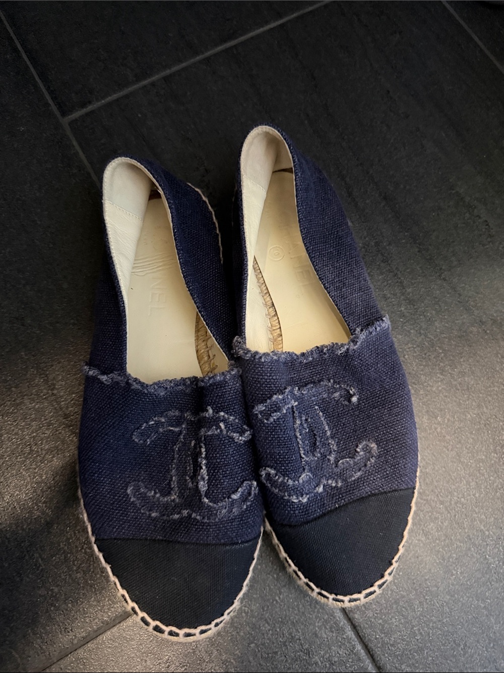 CHANEL Navy and Black Canvas Espadrille Flats with CC Detail